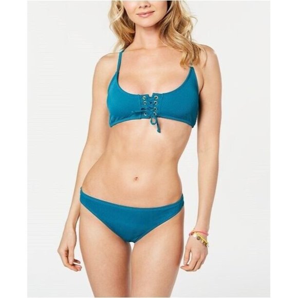 California Waves - Junior's Solid Ribbed Cross-Back Bikini Top, Teal, Large, NWT - Picture 1 of 1